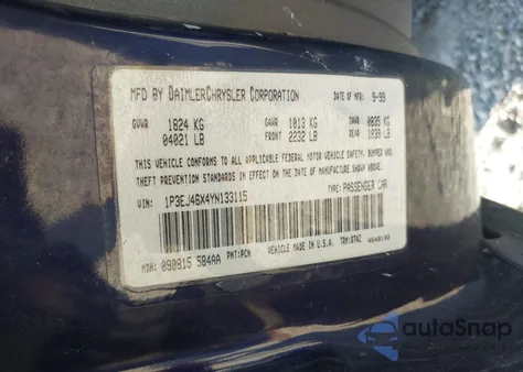 2000 Plymouth Breeze z USA, uszkodzony, nr VIN 1P3EJ46X4YN133115